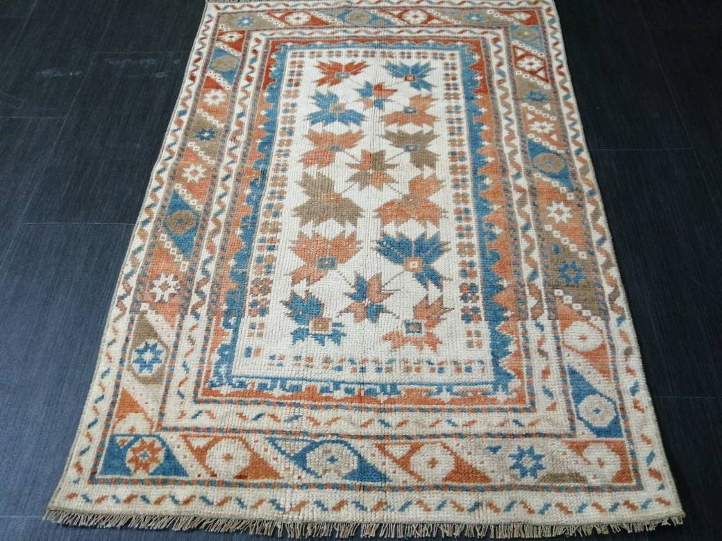 Vintage Floral Rug Hand Made Rug, 2.7 x 4.7 Modern Oushak Rug,  Boho Leaves Rug, Fun Turkish Rug, Farmhouse Rug, Vintage Wool rug