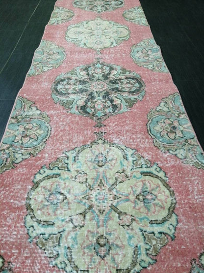 Muted Vintage Runner Rug 2.6 x 12.7 Hallway Runner Rug  Kitchen Runner Rug Wool Runner Rug Oushak Runner Rug Turkish Floral Runner Rug