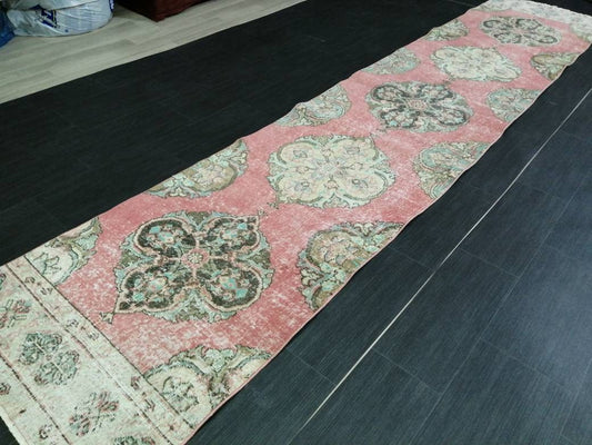 Muted Vintage Runner Rug 2.6 x 12.7 Hallway Runner Rug  Kitchen Runner Rug Wool Runner Rug Oushak Runner Rug Turkish Floral Runner Rug
