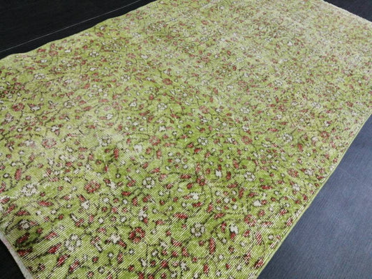 Vintage Green Rug Hand Made Rug, 3.6 x 6.5  Modern Oushak Rug,  Boho Leaves Rug, Fun Turkish Rug, Farmhouse Rug, Vintage Wool rug