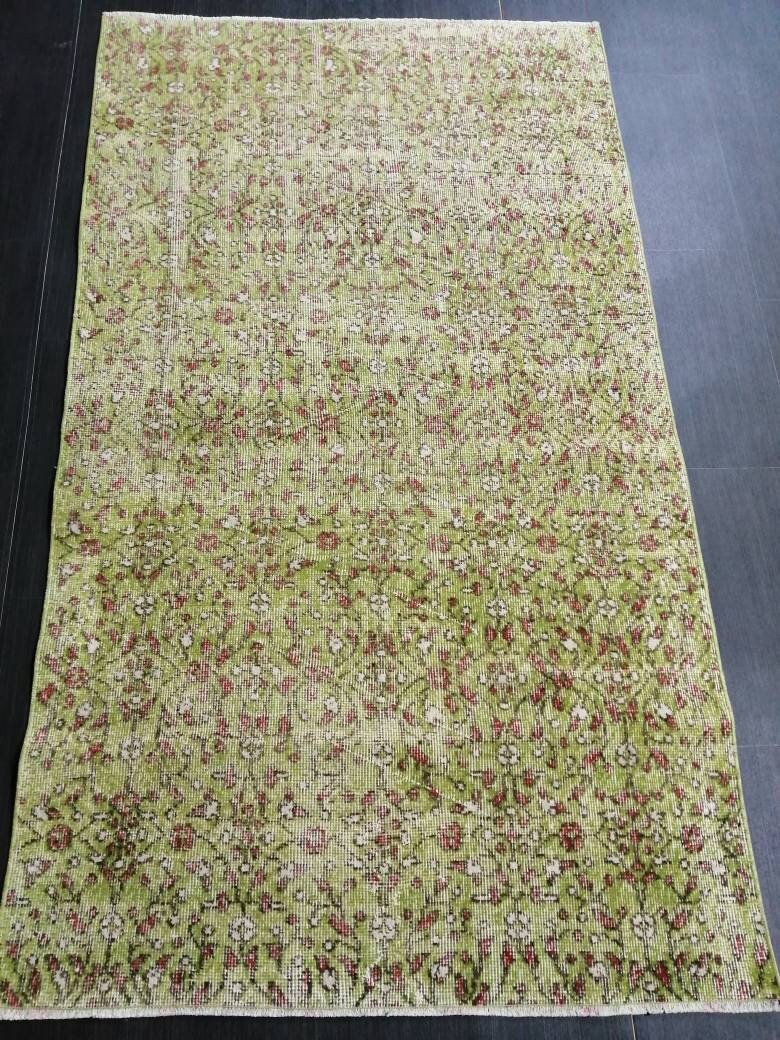Vintage Green Rug Hand Made Rug, 3.6 x 6.5  Modern Oushak Rug,  Boho Leaves Rug, Fun Turkish Rug, Farmhouse Rug, Vintage Wool rug