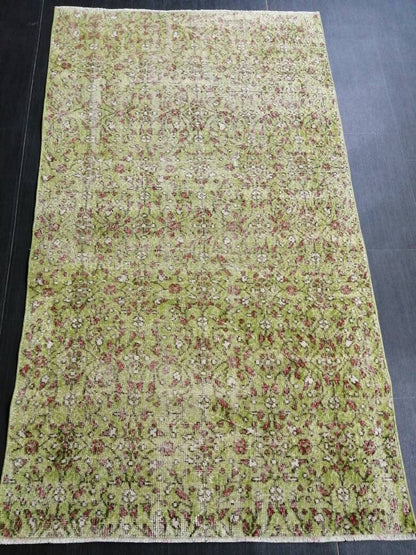 Vintage Green Rug Hand Made Rug, 3.6 x 6.5  Modern Oushak Rug,  Boho Leaves Rug, Fun Turkish Rug, Farmhouse Rug, Vintage Wool rug