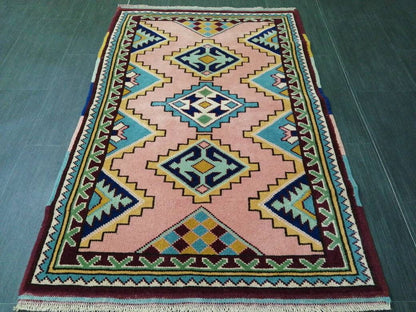 3 x 4.5 PINK AND NAVY Rug Hand Made Rug, High Pile Oushak Rug,  Boho Rug, Oriental Rug Plush Turkish Rug, Farmhouse Rug, Vintage Wool rug