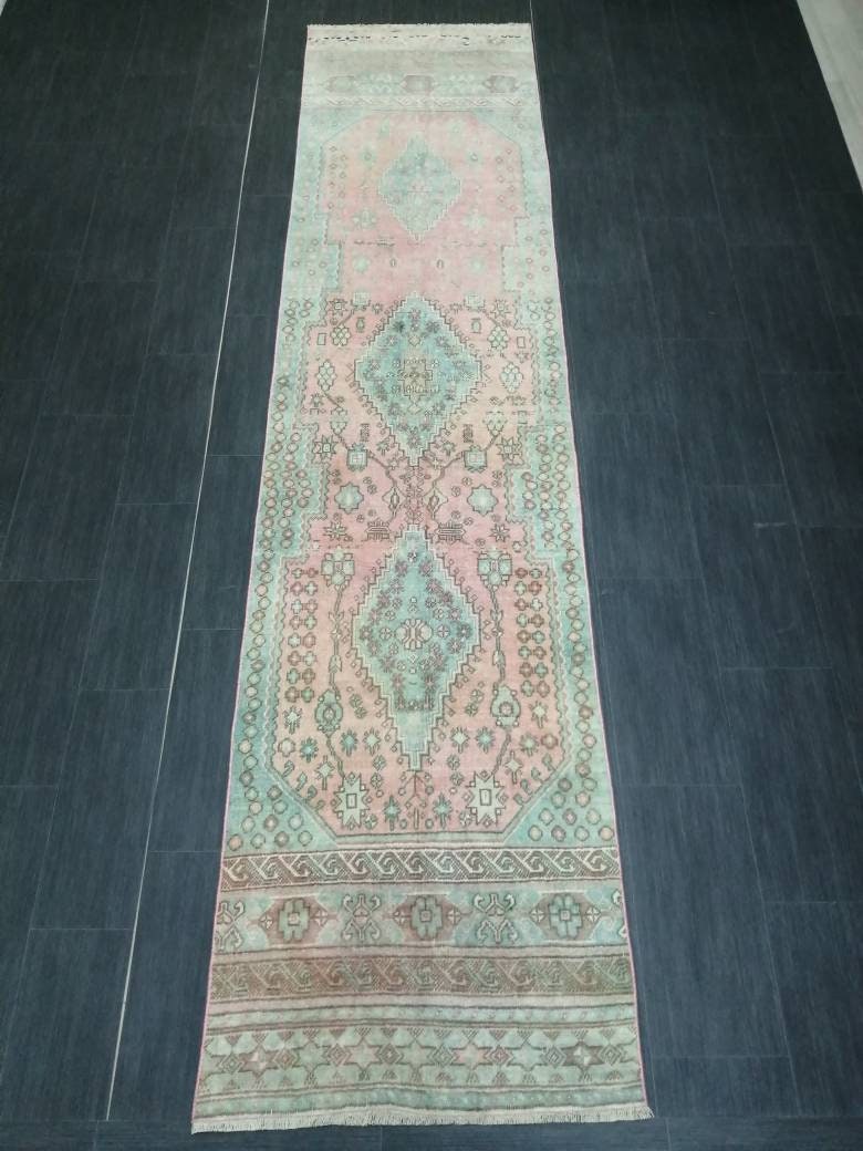 Muted OUSHAK RUG 2.6 x 11 TURKISH Vintage Runner Oriental Runner Rug Faded Vintage Runner Rug Hand Made Kitchen Runner Vintage HallwayRunner