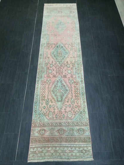 Muted OUSHAK RUG 2.6 x 11 TURKISH Vintage Runner Oriental Runner Rug Faded Vintage Runner Rug Hand Made Kitchen Runner Vintage HallwayRunner