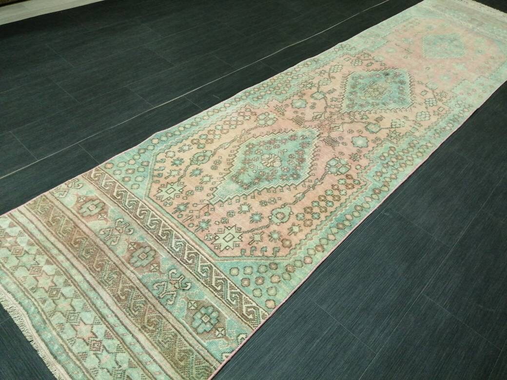 Muted OUSHAK RUG 2.6 x 11 TURKISH Vintage Runner Oriental Runner Rug Faded Vintage Runner Rug Hand Made Kitchen Runner Vintage HallwayRunner