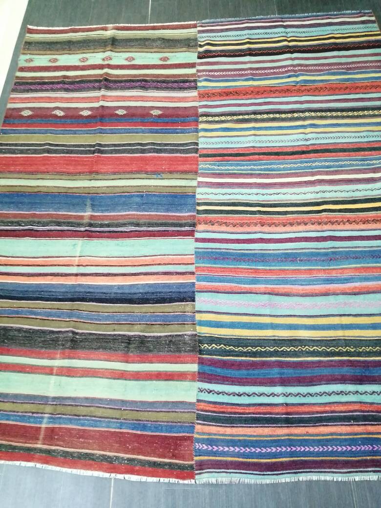 8.4 x 10 Oriental Vintage Flat woven Rug,  Flatweave Carpet , Stripped Flatweaving, Boho Rug, Farmhouse Rug, Turkish Kilim Rug