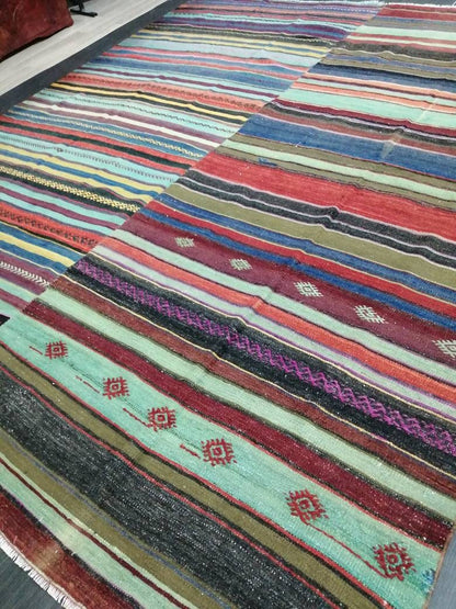 8.4 x 10 Oriental Vintage Flat woven Rug,  Flatweave Carpet , Stripped Flatweaving, Boho Rug, Farmhouse Rug, Turkish Kilim Rug