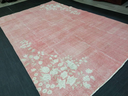Pink Vintage Rug 6.6 x 10.6 TURKISH HAND MADE Rugs   Vintage Turkish Rugs  Pink Orient Rug Persian Rug, Vintage Oushak Rug, Wool Rug