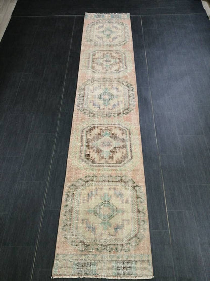 Muted Oushak Runner Rug 2.2 x 11  Vintage Runner Rug Distressed Hallway Runner Rug Turkish Kitchen Runner Rug Antique Wool Runner Rug