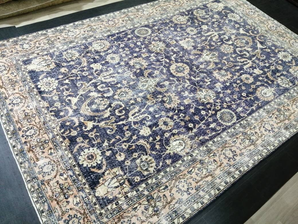 Navy Large OUSHAK RUG 8 x 11.8 TURKISH Oushak Rug Vintage Persian Rug Denim Blue Wool Oriental Rug Hand Made Rug 9x12 Navy Vintage Wool Rug