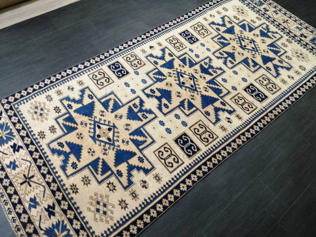 Oriental RUG 4.2 x 9.6 Oushak Rug  Blue Persian Rug Navy Vintage Rug Fine Oushak Rugs Antique Turkish Rug Muted Cream Turkish room Rug