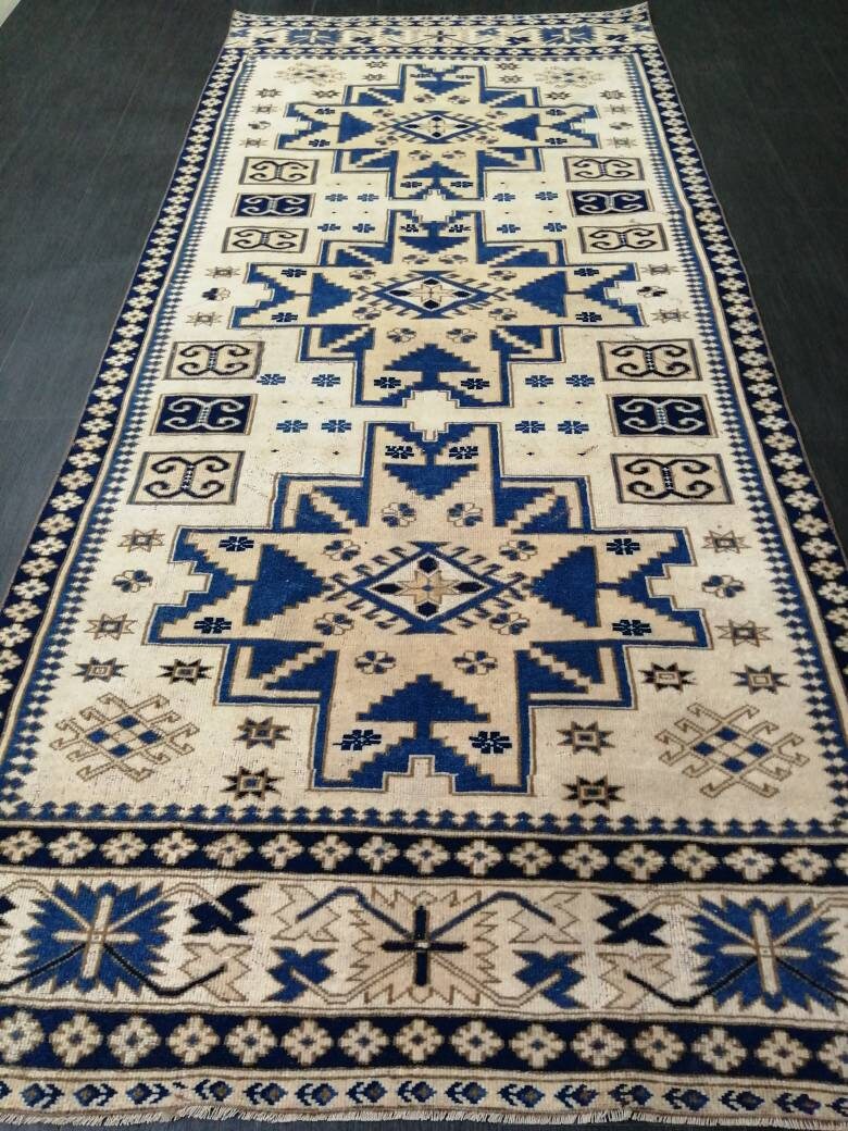 Oriental RUG 4.2 x 9.6 Oushak Rug  Blue Persian Rug Navy Vintage Rug Fine Oushak Rugs Antique Turkish Rug Muted Cream Turkish room Rug