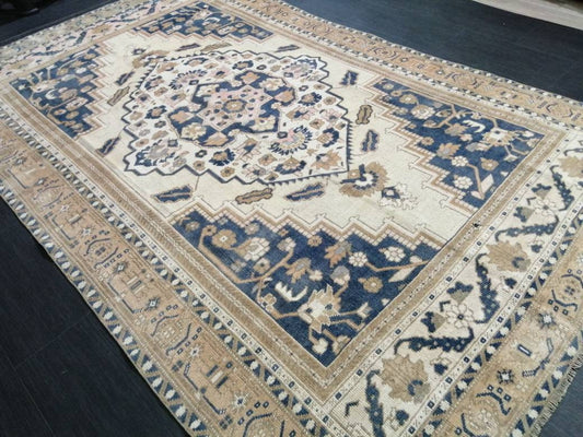 Vintage Oriental RUG 5.5 x 9 Oushak Rug Turkish Vintage Persian Rug Navy Vintage Rug Fine Wool Oushak Rugs Turkish Rug Muted Living room Rug