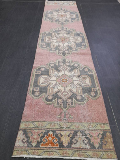 Muted Vintage Runner Rug 2.6 x 10.6 Hand Made Runner Rug Turkish Runner Rug Pink Vintage Runner Rug Hallway Runner Rug Wool Kitchen Runner