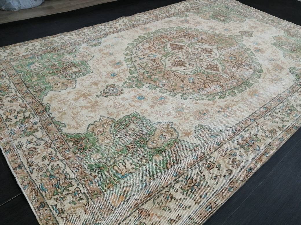 OUSHAK RUG Persian Rug 6.8 x 10.4 TURKISH  Rug Vintage Wool Rug Muted Vintage Oriental Rug Wool Oushak Rug Hand Made Rugs Green Vintage Rug