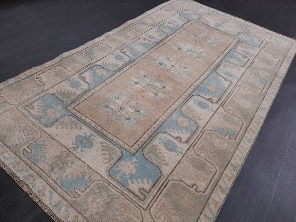 Muted Vintage Turkish Rug 3.5 x 6  Oushak Rug, Wool Oriental Rug, Blue Muted Vintage Persian Rug, Hand Made Rug Blue Vintage Wool Rug