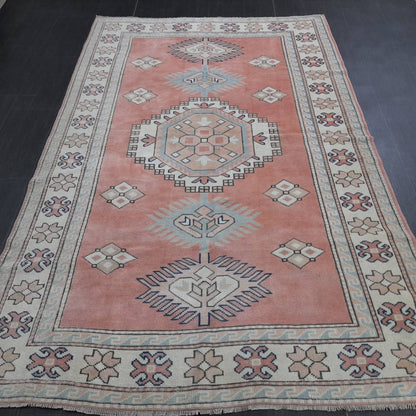 Muted Vintage Turkish Rug 5.2 x 8  Oushak Rug, Wool Oriental Rug Pink Muted Vintage Persian Rug, Hand Made Rug Pink Vintage Wool Rug 5x8