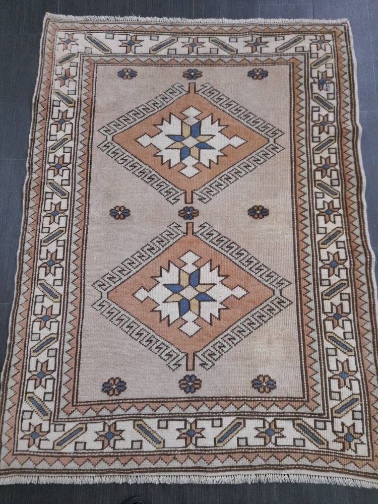 Muted Vintage Turkish Rug 3.8 x 5.2 Oushak Rug, Wool Oriental Rug Pink Muted Vintage Persian Rug, Hand Made Rug Pink Vintage Wool Rug 4x5