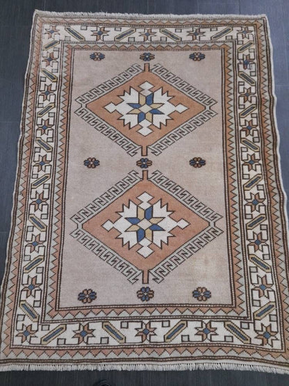 Muted Vintage Turkish Rug 3.8 x 5.2 Oushak Rug, Wool Oriental Rug Pink Muted Vintage Persian Rug, Hand Made Rug Pink Vintage Wool Rug 4x5