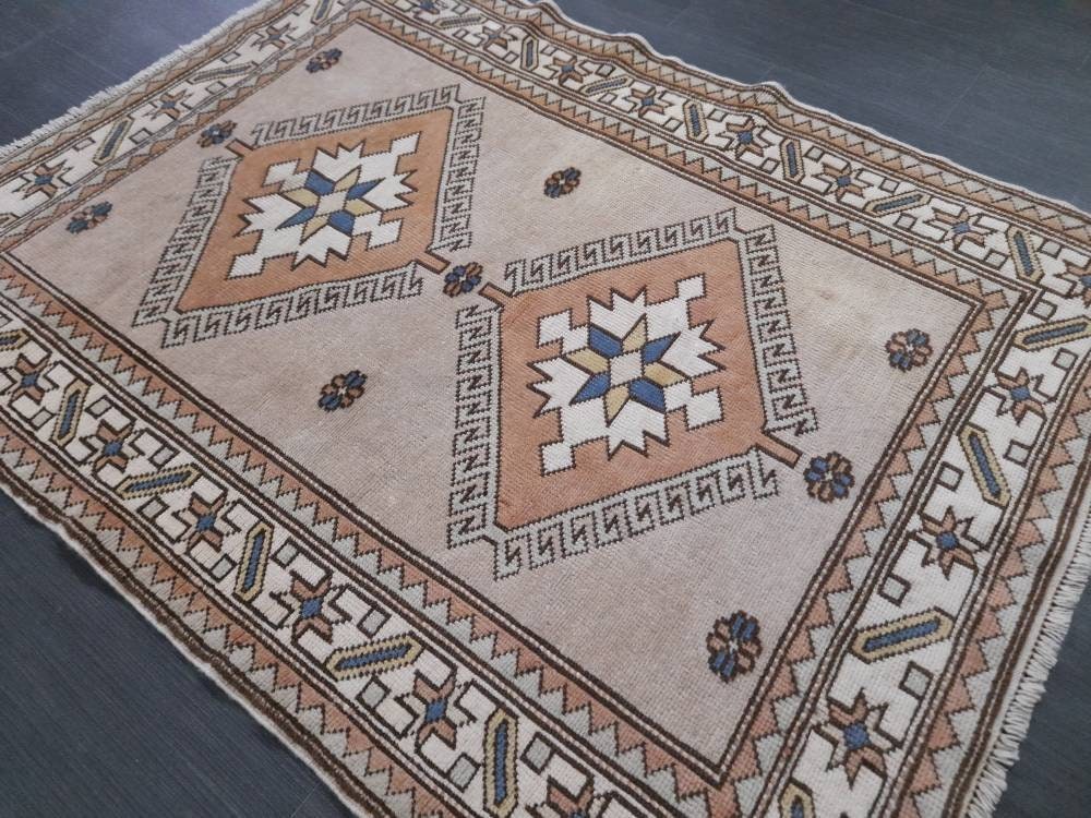 Muted Vintage Turkish Rug 3.8 x 5.2 Oushak Rug, Wool Oriental Rug Pink Muted Vintage Persian Rug, Hand Made Rug Pink Vintage Wool Rug 4x5