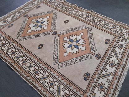 Muted Vintage Turkish Rug 3.8 x 5.2 Oushak Rug, Wool Oriental Rug Pink Muted Vintage Persian Rug, Hand Made Rug Pink Vintage Wool Rug 4x5