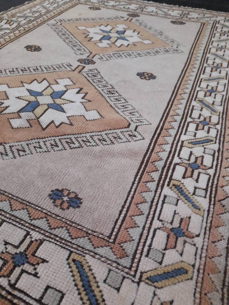 Muted Vintage Turkish Rug 3.8 x 5.2 Oushak Rug, Wool Oriental Rug Pink Muted Vintage Persian Rug, Hand Made Rug Pink Vintage Wool Rug 4x5