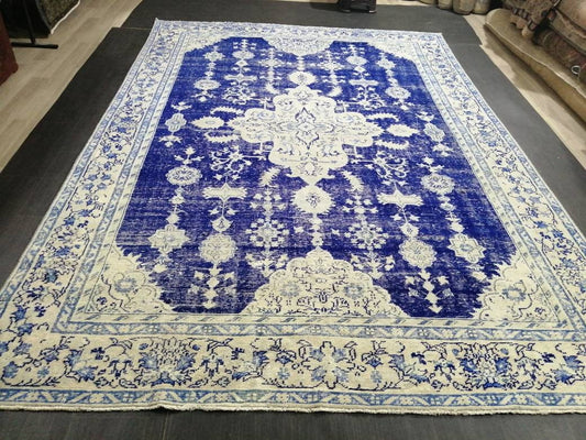 Antique RUG 7.4 x 10.8 Vintage Rug Vintage Persian Rug Muted Wool Oriental Rug Blue Hand Made Rugs Blue Distressed Turkish Antique Navy Rug