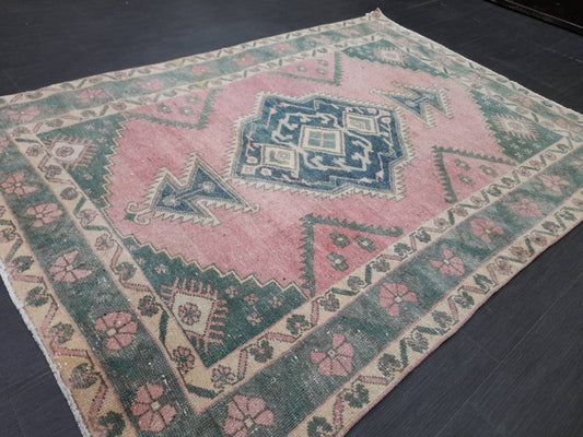 Vintage Oriental RUG Muted 4.6 x 6.4 Vintage TURKISH Rug Muted Vintage Persian Rug Vintage Wool Pink and Green Rug Muted Hand Made Rug