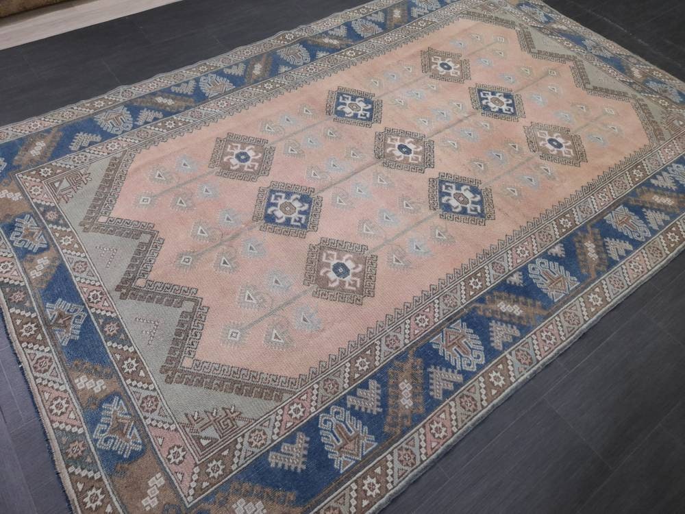 Oriental RUG 6.3 x 9.5 Oushak Rug  Blue And Light Pink Persian Rug Vintage Rug Soft Wool Rug Antique Turkish Rug Muted  Quality Turkish Rug
