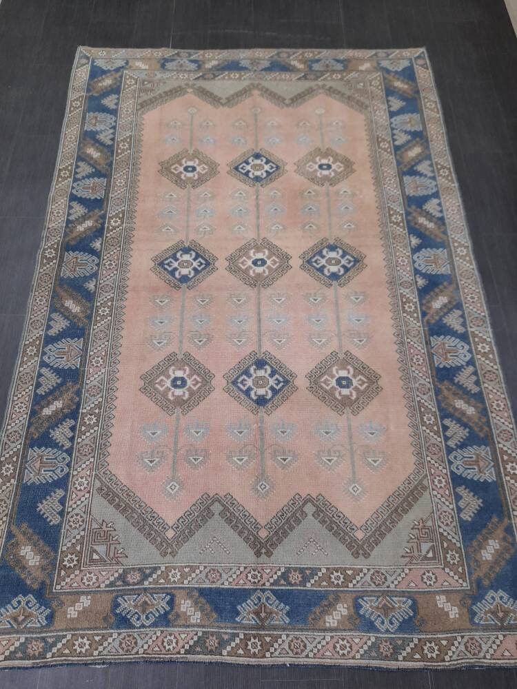 Oriental RUG 6.3 x 9.5 Oushak Rug  Blue And Light Pink Persian Rug Vintage Rug Soft Wool Rug Antique Turkish Rug Muted  Quality Turkish Rug