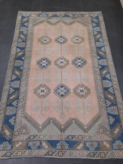 Oriental RUG 6.3 x 9.5 Oushak Rug  Blue And Light Pink Persian Rug Vintage Rug Soft Wool Rug Antique Turkish Rug Muted  Quality Turkish Rug