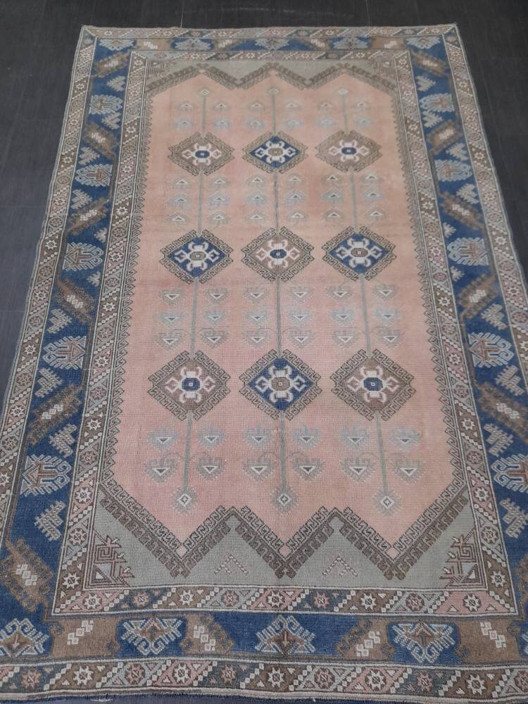 Oriental RUG 6.3 x 9.5 Oushak Rug  Blue And Light Pink Persian Rug Vintage Rug Soft Wool Rug Antique Turkish Rug Muted  Quality Turkish Rug