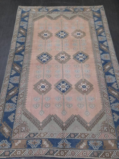 Oriental RUG 6.3 x 9.5 Oushak Rug  Blue And Light Pink Persian Rug Vintage Rug Soft Wool Rug Antique Turkish Rug Muted  Quality Turkish Rug