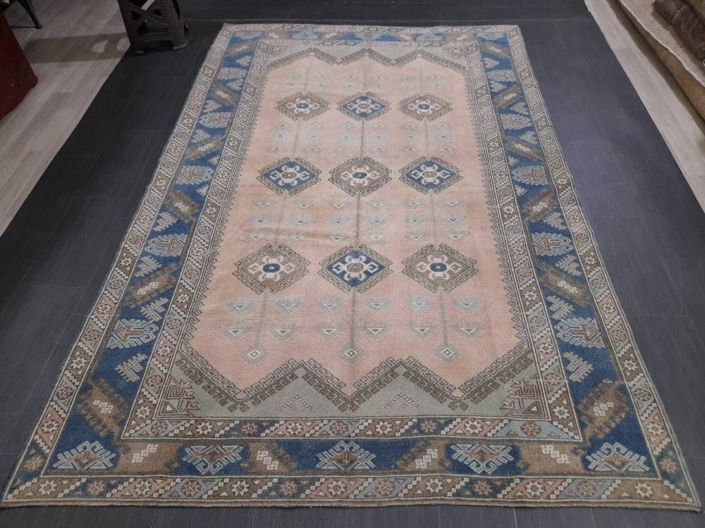 Oriental RUG 6.3 x 9.5 Oushak Rug  Blue And Light Pink Persian Rug Vintage Rug Soft Wool Rug Antique Turkish Rug Muted  Quality Turkish Rug