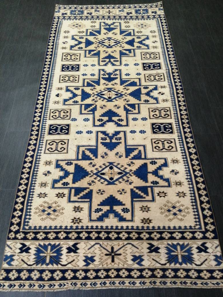 Oriental RUG 4.2 x 9.6 Oushak Rug  Blue Persian Rug Navy Vintage Rug Fine Oushak Rugs Antique Turkish Rug Muted Cream Turkish room Rug