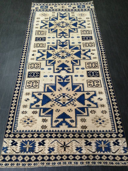 Oriental RUG 4.2 x 9.6 Oushak Rug  Blue Persian Rug Navy Vintage Rug Fine Oushak Rugs Antique Turkish Rug Muted Cream Turkish room Rug