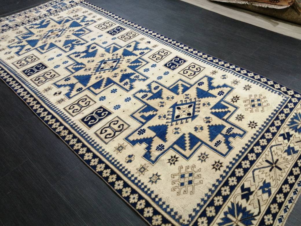 Oriental RUG 4.2 x 9.6 Oushak Rug  Blue Persian Rug Navy Vintage Rug Fine Oushak Rugs Antique Turkish Rug Muted Cream Turkish room Rug