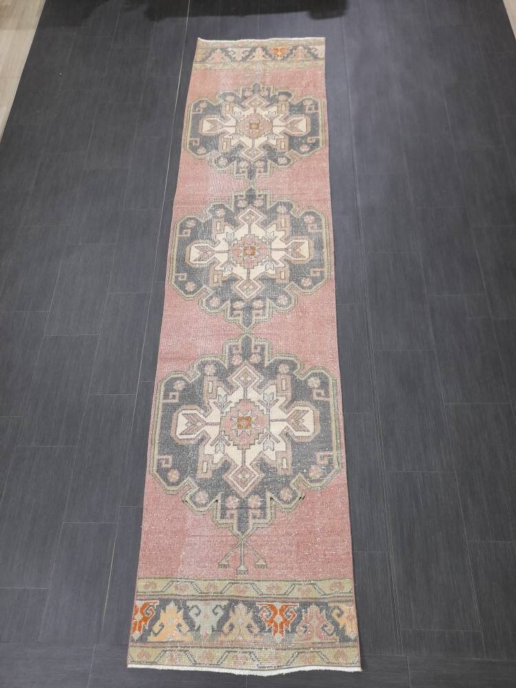 Muted Vintage Runner Rug 2.6 x 10.6 Hand Made Runner Rug Turkish Runner Rug Pink Vintage Runner Rug Hallway Runner Rug Wool Kitchen Runner
