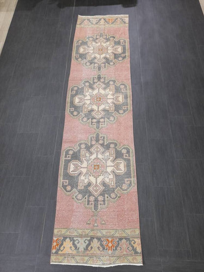 Muted Vintage Runner Rug 2.6 x 10.6 Hand Made Runner Rug Turkish Runner Rug Pink Vintage Runner Rug Hallway Runner Rug Wool Kitchen Runner