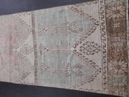 Muted Vintage Runner Rug 3.2 x 12.3 Hand Made Runner Rug Turkish Runner Rug Pink Vintage Runner Rug Hallway Runner Rug Distressed Runner Rug
