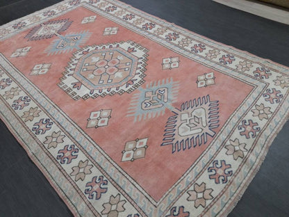 Muted Vintage Turkish Rug 5.2 x 8  Oushak Rug, Wool Oriental Rug Pink Muted Vintage Persian Rug, Hand Made Rug Pink Vintage Wool Rug 5x8