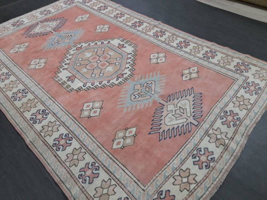 Muted Vintage Turkish Rug 5.2 x 8  Oushak Rug, Wool Oriental Rug Pink Muted Vintage Persian Rug, Hand Made Rug Pink Vintage Wool Rug 5x8