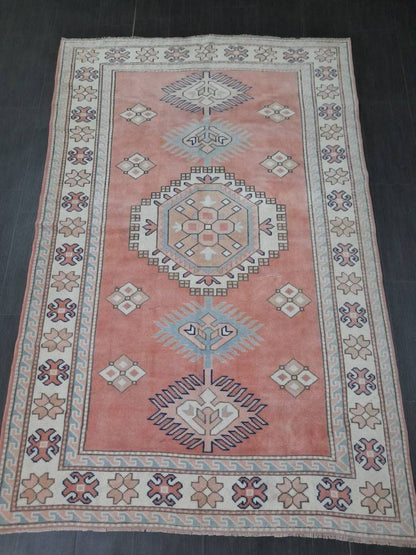 Muted Vintage Turkish Rug 5.2 x 8  Oushak Rug, Wool Oriental Rug Pink Muted Vintage Persian Rug, Hand Made Rug Pink Vintage Wool Rug 5x8