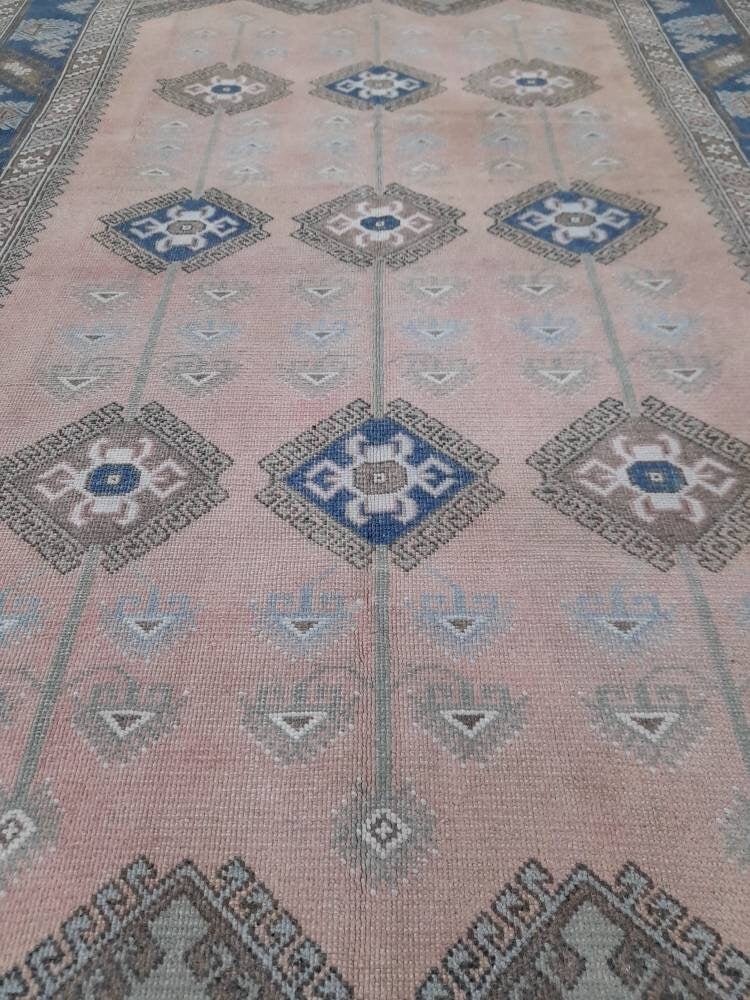 Oriental RUG 6.3 x 9.5 Oushak Rug  Blue And Light Pink Persian Rug Vintage Rug Soft Wool Rug Antique Turkish Rug Muted  Quality Turkish Rug