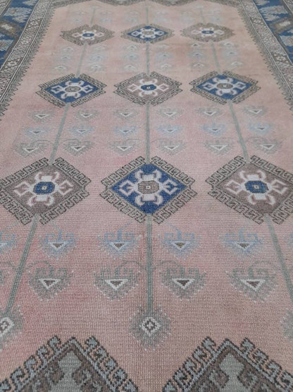 Oriental RUG 6.3 x 9.5 Oushak Rug  Blue And Light Pink Persian Rug Vintage Rug Soft Wool Rug Antique Turkish Rug Muted  Quality Turkish Rug