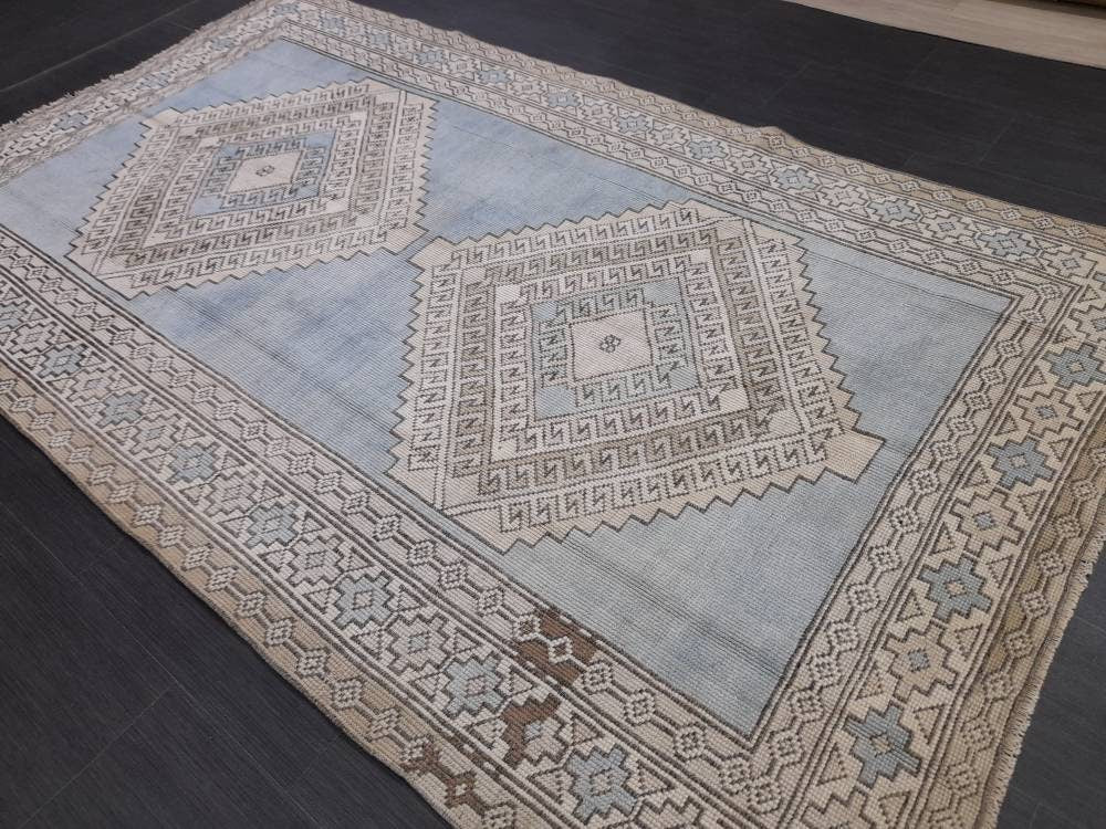 Quality Handmade Rug 4.8 x 8.4 Vintage Rug Oushak Rug Wool Boho Rug, Persian Rug Fun Turkish Rug LIGHT Blue Rug Ice Blue Oriental Wool rug