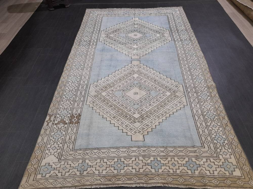 Quality Handmade Rug 4.8 x 8.4 Vintage Rug Oushak Rug Wool Boho Rug, Persian Rug Fun Turkish Rug LIGHT Blue Rug Ice Blue Oriental Wool rug