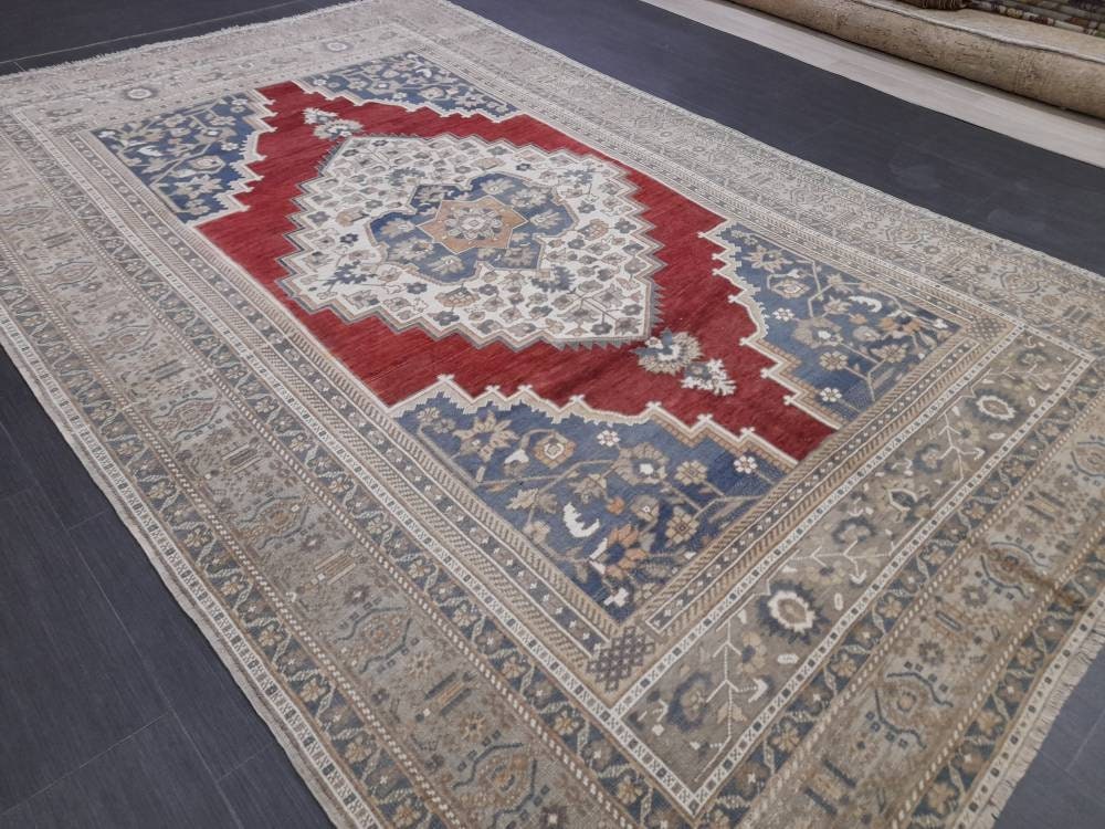 Vintage Oriental RUG 6 x 9.5 Oushak Rug Turkish Vintage Persian Rug Navy Vintage Rug Fine Wool Oushak Rugs Turkish Rug Muted Living room Rug