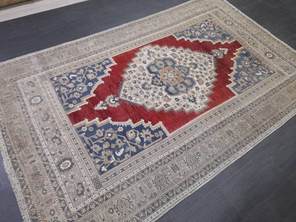 Vintage Oriental RUG 6 x 9.5 Oushak Rug Turkish Vintage Persian Rug Navy Vintage Rug Fine Wool Oushak Rugs Turkish Rug Muted Living room Rug